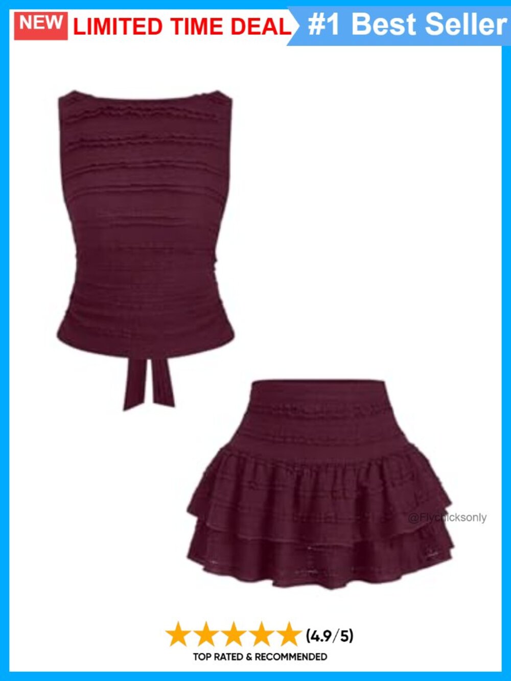 2 Piece Textured Tie Back Tank Top Ruffle Layered Midi Skirt Set